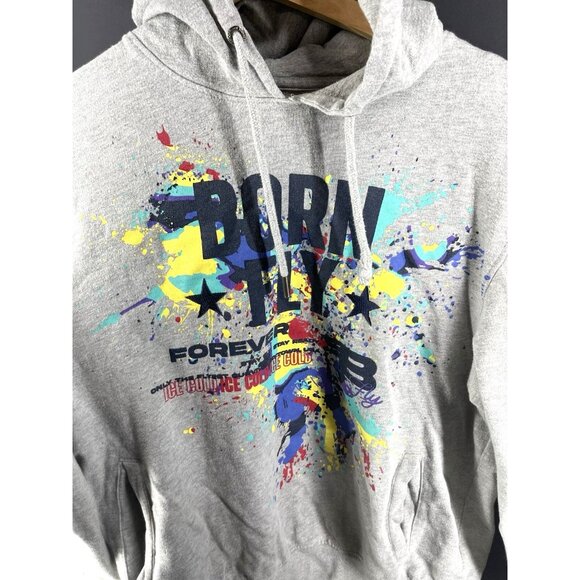 Born Fly Forever Gray Hoodie With Colorful Splatter Graphic and Drawstring Hood - Picture 3 of 7